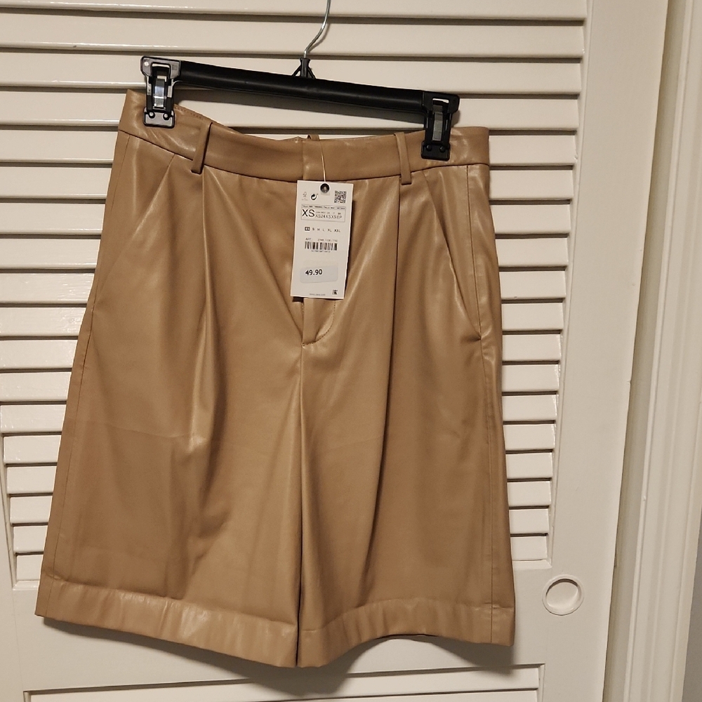 Zara Faux Leather Bermuda Shorts - Tan